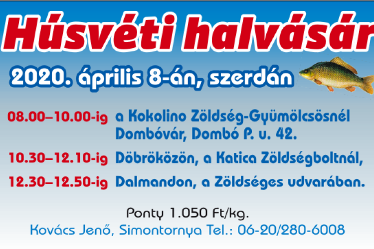 Élő hal vásárt tartanak április 8-án délelőtt Dombóváron, Döbröközön és Dalmandon